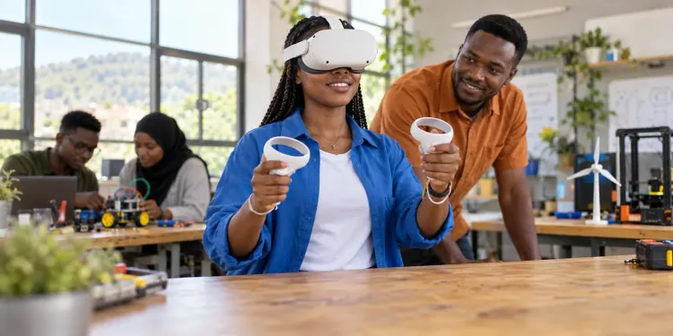 A smiling trainee uses a VR headset and controllers with a teacher in a bright university STEM workshop.