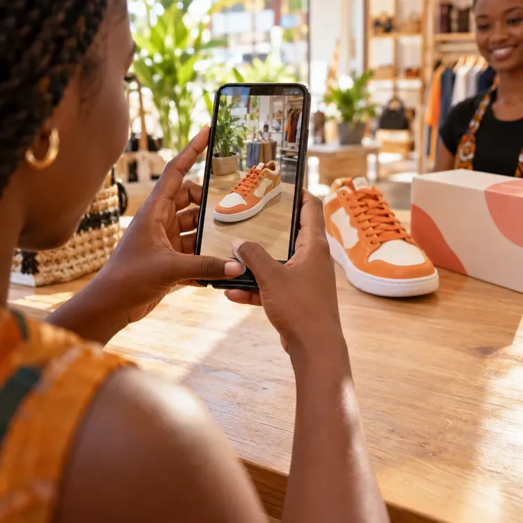 A shopper uses a phone camera to explore an orange sneaker beside product packaging in a sunny boutique.