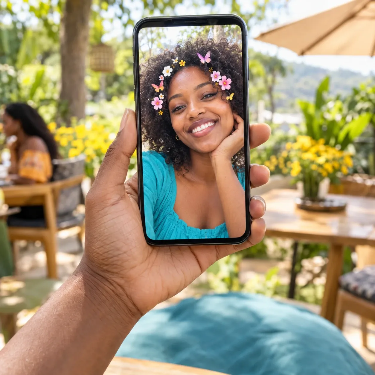 A smiling woman uses a colorful floral social camera filter on her phone in a sunny outdoor cafe.